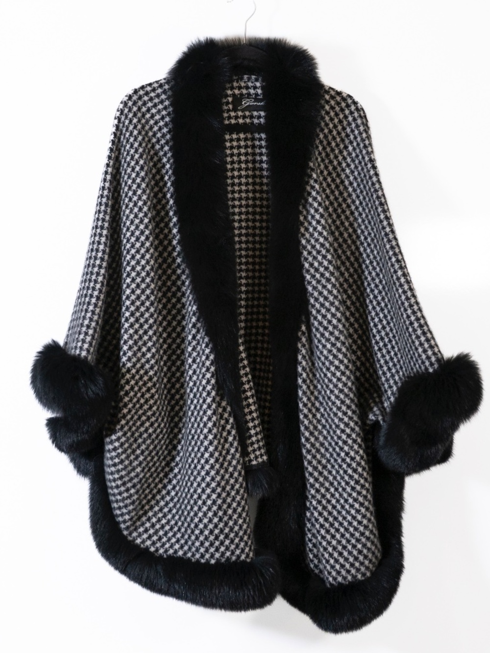 Gorski 100% Cashmere Knit Genuine Fox Fur Trim Cape Wrap Sweater Houndstooth